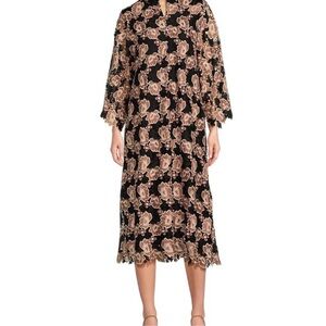 J.Marie Talia Floral Lace Mandarin Collar Long Bell Sleeve Shift Midi Dress